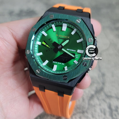 Casioak Mod Watch Offshore Superior Green Black Case Orange Rubber Strap Green White Time Mark Green Dial 44mm - Casioak Studio