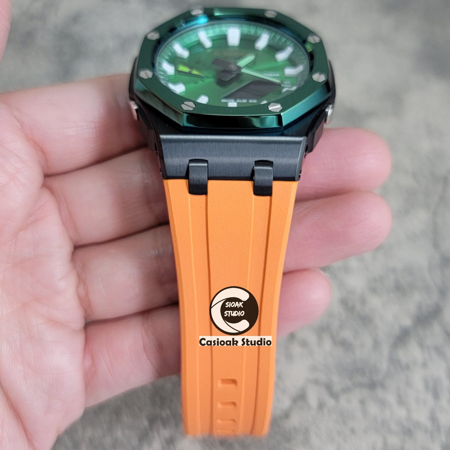 Casioak Mod Watch Offshore Superior Green Black Case Orange Rubber Strap Green White Time Mark Green Dial 44mm - Casioak Studio