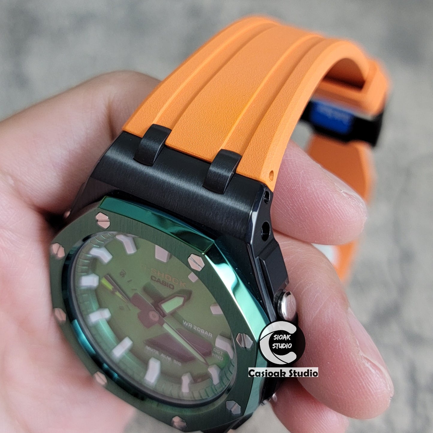 Casioak Mod Watch Offshore Superior Green Black Case Orange Rubber Strap Green White Time Mark Green Dial 44mm - Casioak Studio