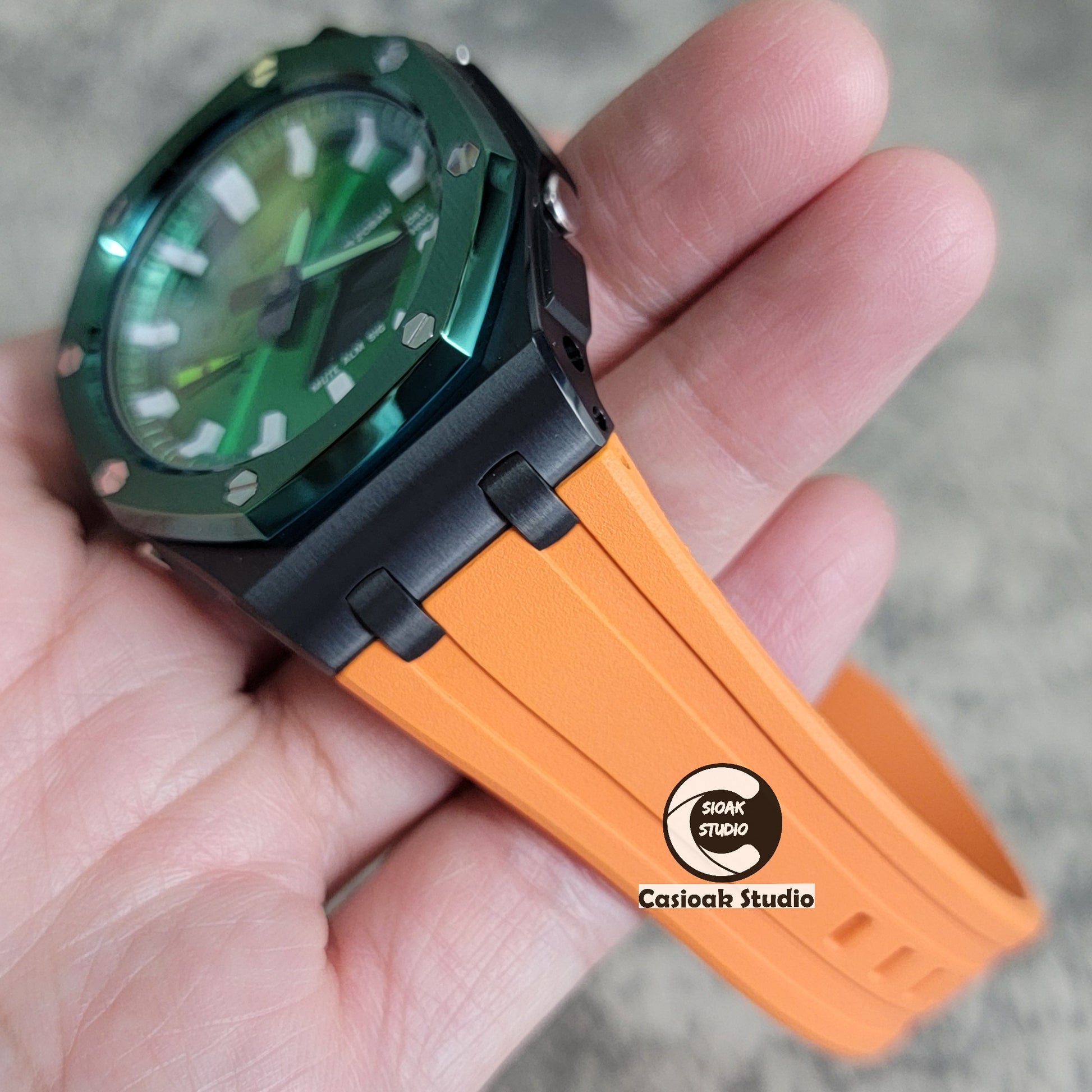 Casioak Mod Watch Offshore Superior Green Black Case Orange Rubber Strap Green White Time Mark Green Dial 44mm - Casioak Studio