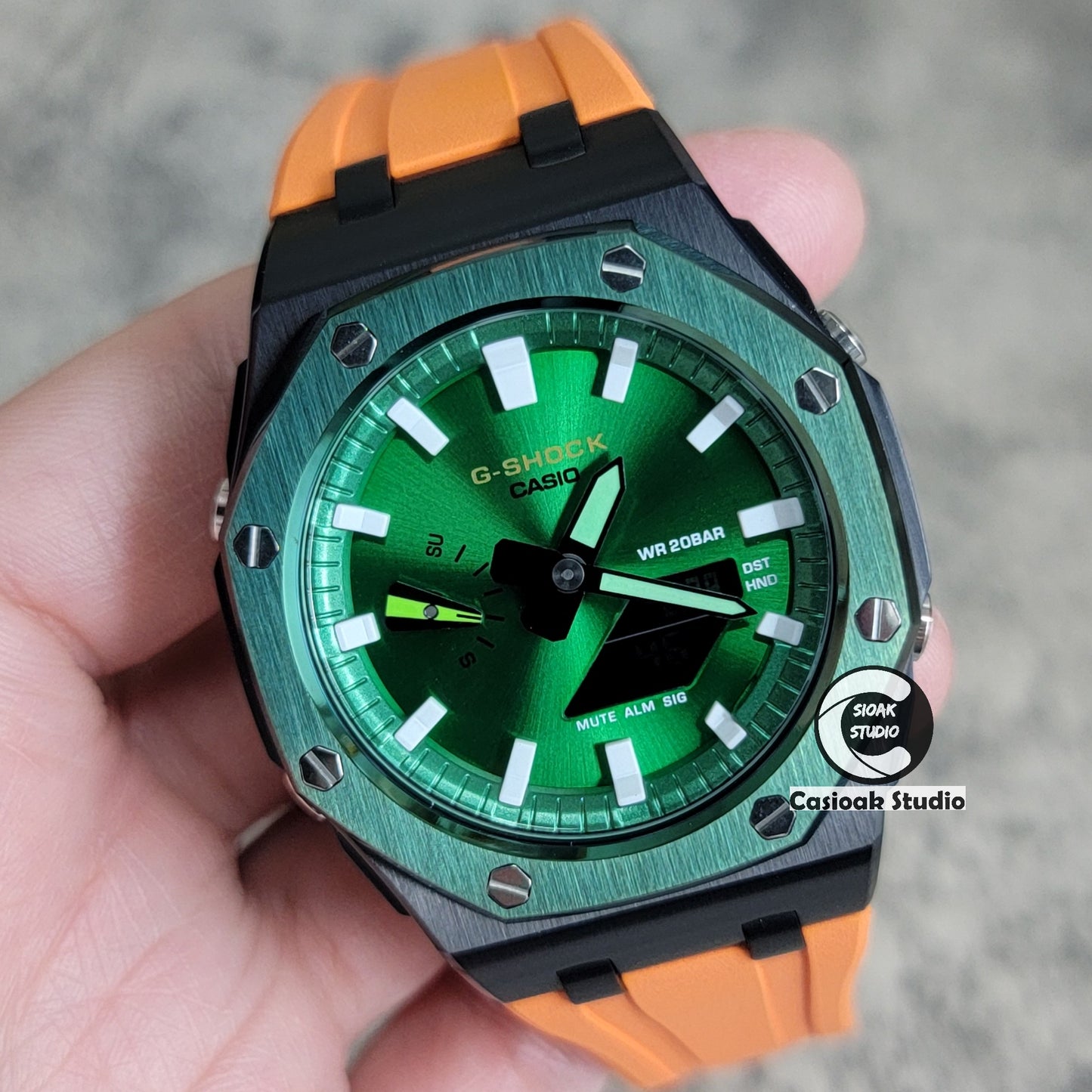 Casioak Mod Watch Offshore Superior Green Black Case Orange Rubber Strap Green White Time Mark Green Dial 44mm - Casioak Studio