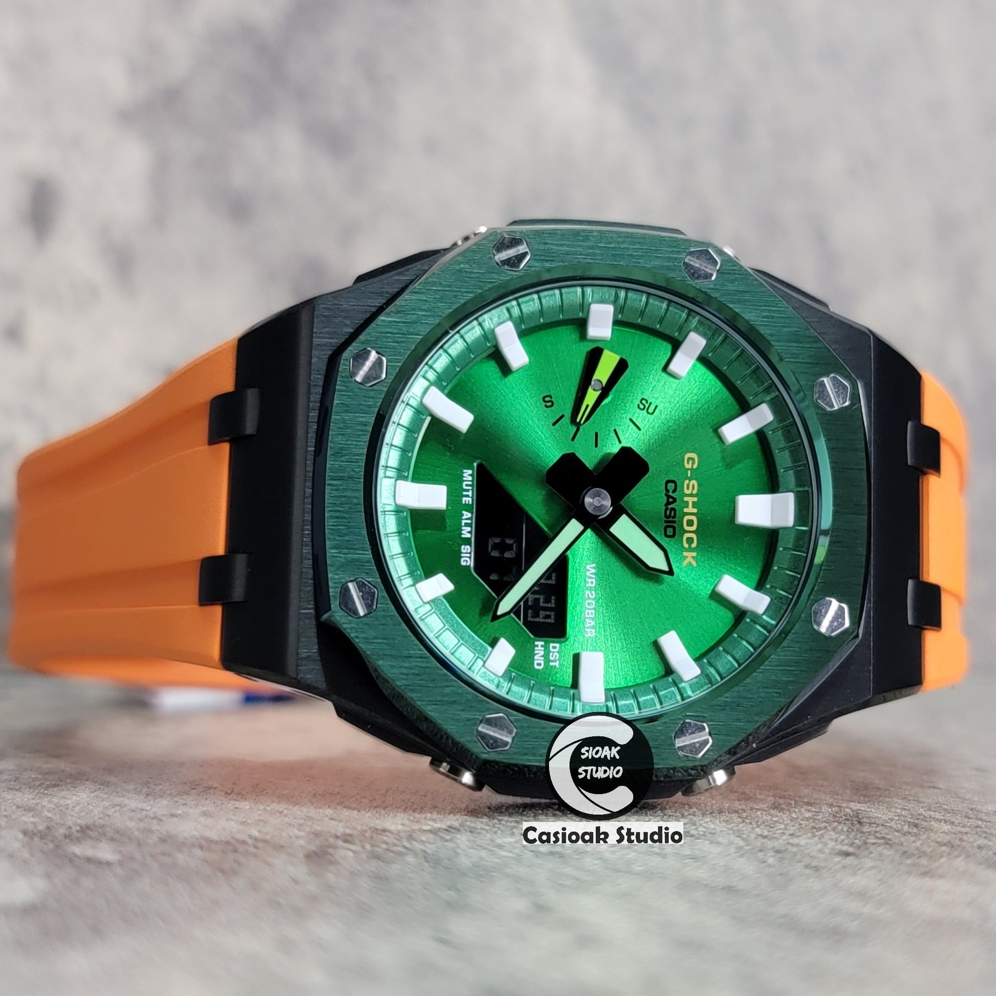 Casioak Mod Watch Offshore Superior Green Black Case Orange Rubber Strap Green White Time Mark Green Dial 44mm - Casioak Studio