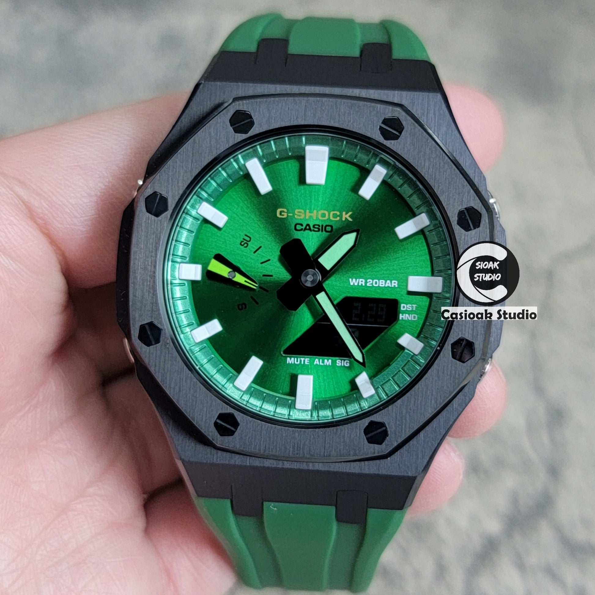 Casioak Mod Watch Black Case Green Rubber Strap Green White Time Mark Green Dial 44mm - Casioak Studio