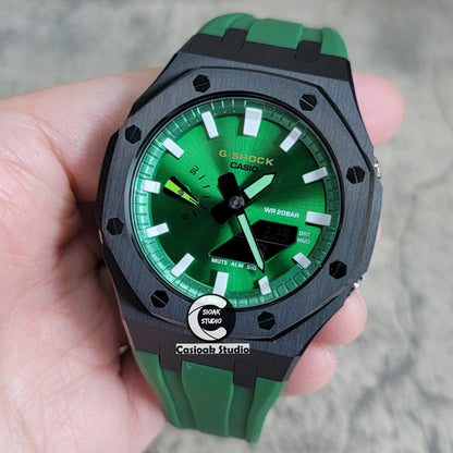 Casioak Mod Watch Black Case Green Rubber Strap Green White Time Mark Green Dial 44mm - Casioak Studio