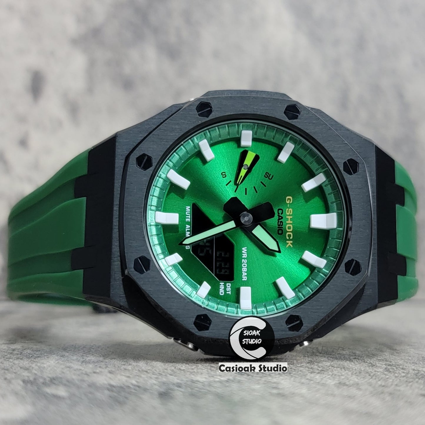 Casioak Mod Watch Black Case Green Rubber Strap Green White Time Mark Green Dial 44mm - Casioak Studio