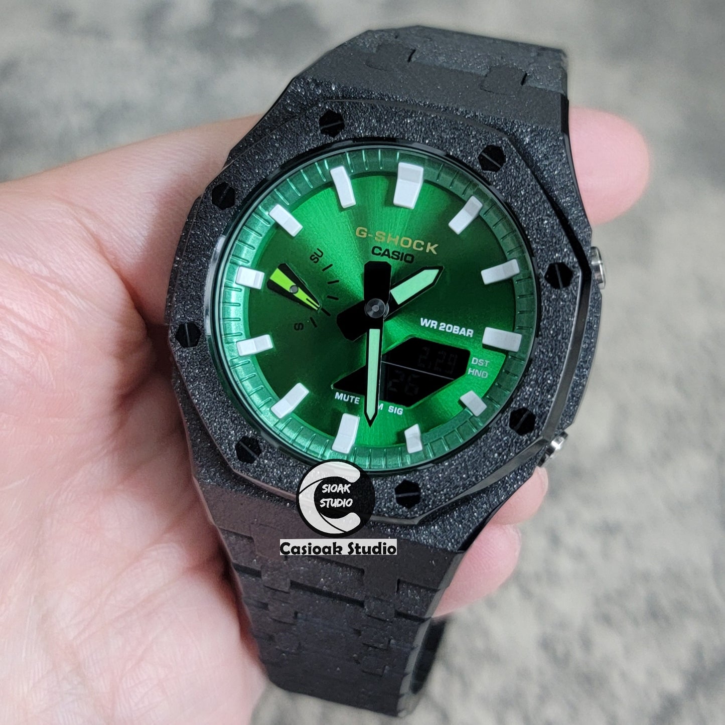 Casioak Mod Watch Frosted Black Case Metal Strap Green White Time Mark Green Dial 44mm - Casioak Studio