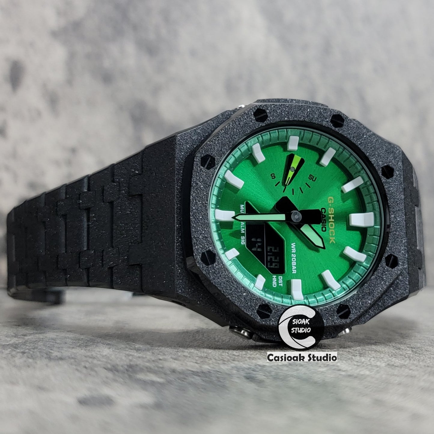 Casioak Mod Watch Frosted Black Case Metal Strap Green White Time Mark Green Dial 44mm - Casioak Studio