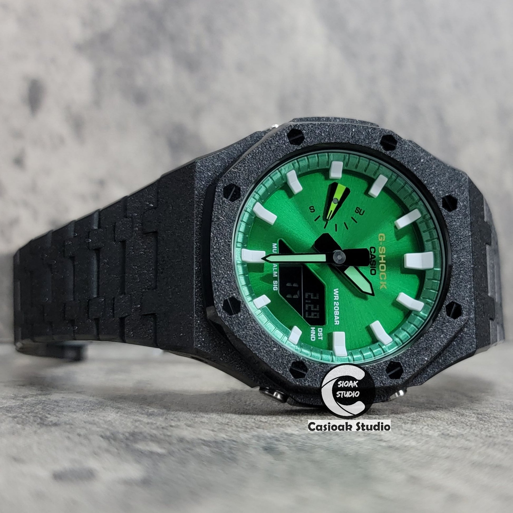 Casioak Mod Watch Frosted Black Case Metal Strap Green White Time Mark Green Dial 44mm - Casioak Studio