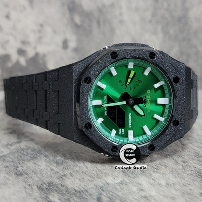 Casioak Mod Watch Frosted Black Case Metal Strap Green White Time Mark Green Dial 44mm - Casioak Studio