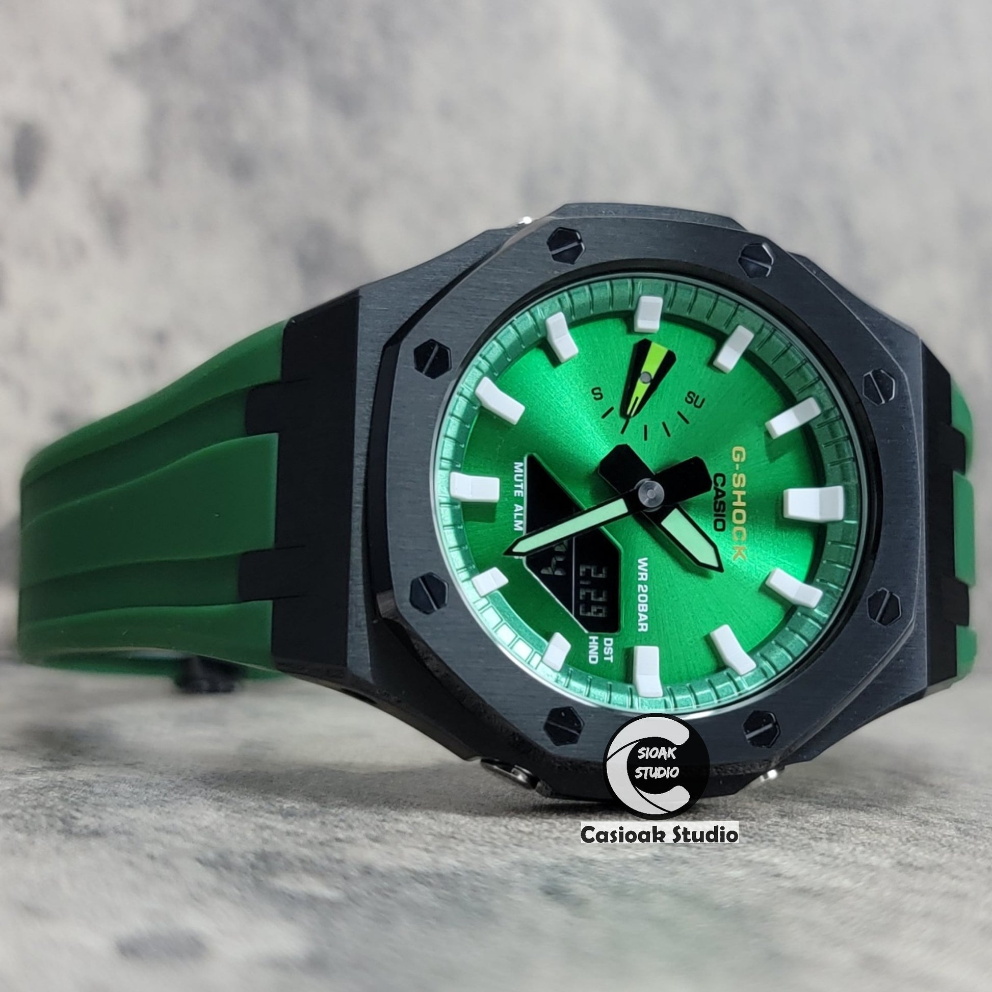 Casioak Mod Watch Black Case Green Rubber Strap Green White Time Mark Green Dial 44mm - Casioak Studio