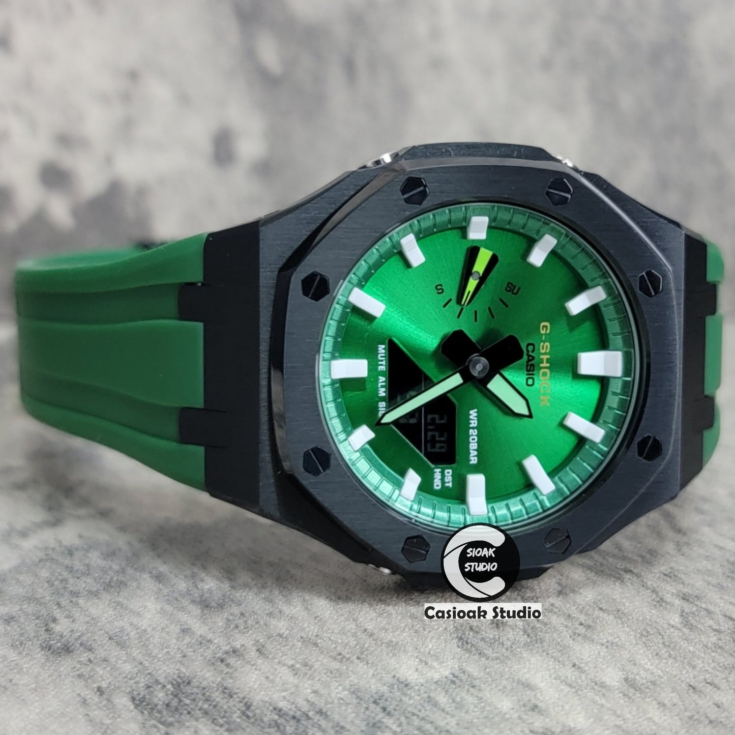 Casioak Mod Watch Black Case Green Rubber Strap Green White Time Mark Green Dial 44mm - Casioak Studio