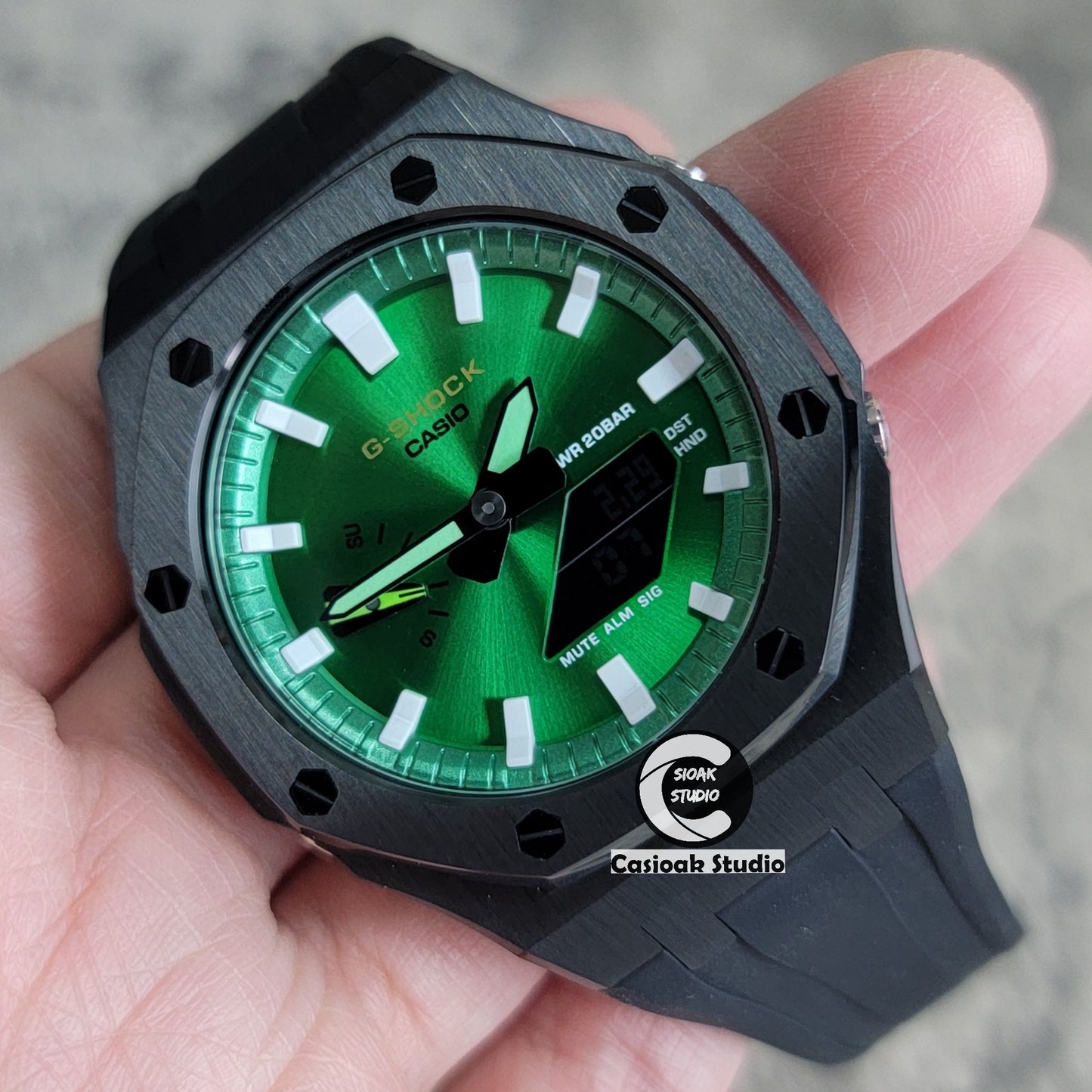 Casioak Mod Watch Black Case Black Rubber Strap Green White Time Mark Green Dial 44mm - Casioak Studio