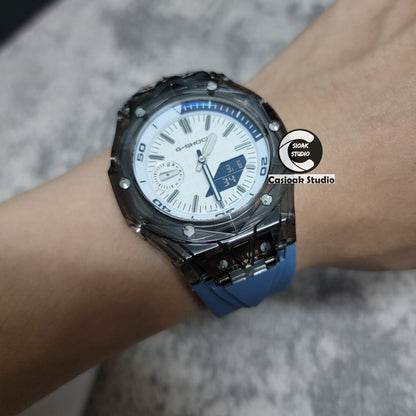 Casioak Mod Watch NEW Black Transparent Case Gray Blue Strap Silver Time Mark White Dial 44mm - Casioak Studio