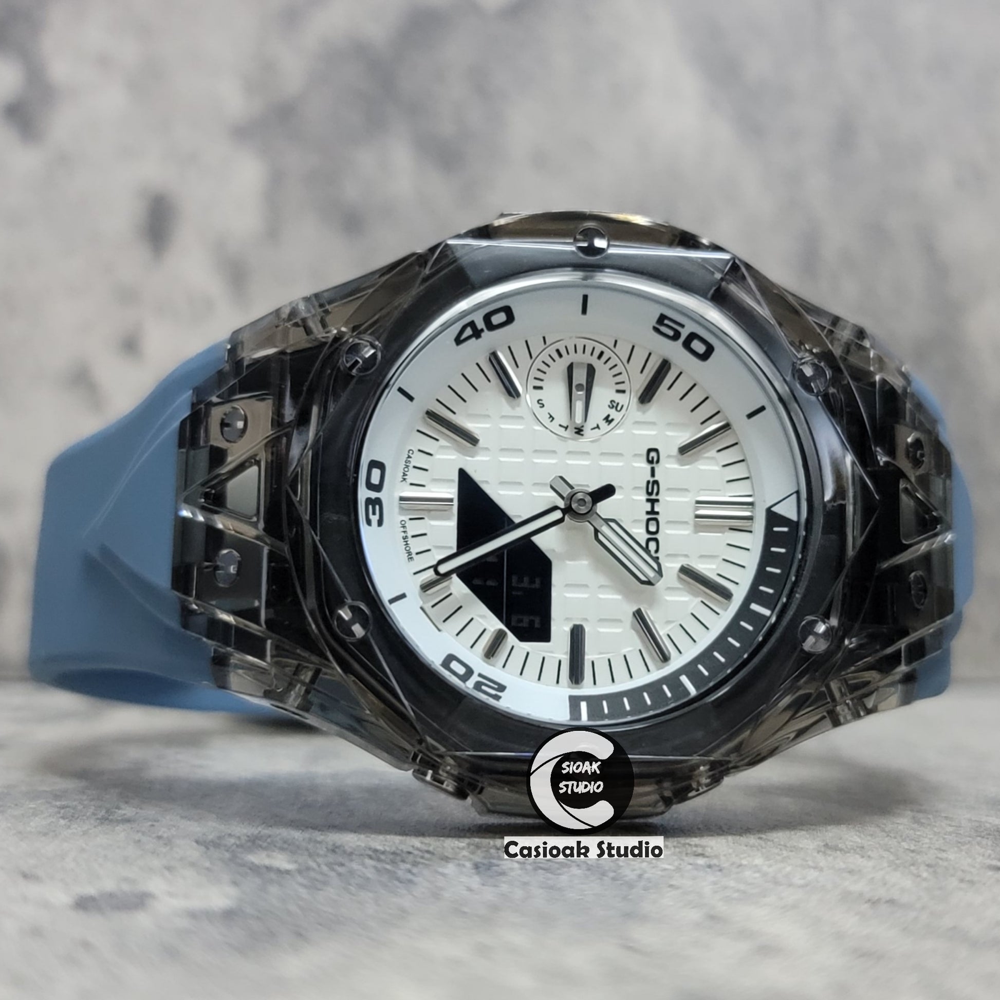 Casioak Mod Watch NEW Black Transparent Case Gray Blue Strap Silver Time Mark White Dial 44mm - Casioak Studio