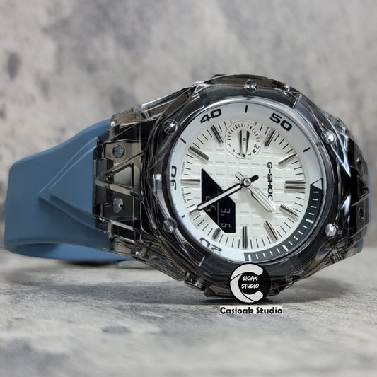 Casioak Mod Watch NEW Black Transparent Case Gray Blue Strap Silver Time Mark White Dial 44mm
