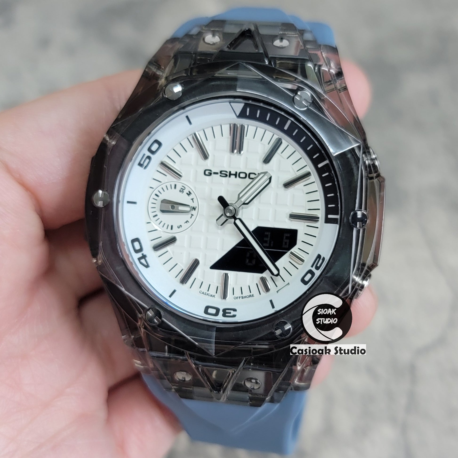 Casioak Mod Watch NEW Black Transparent Case Gray Blue Strap Silver Time Mark White Dial 44mm - Casioak Studio