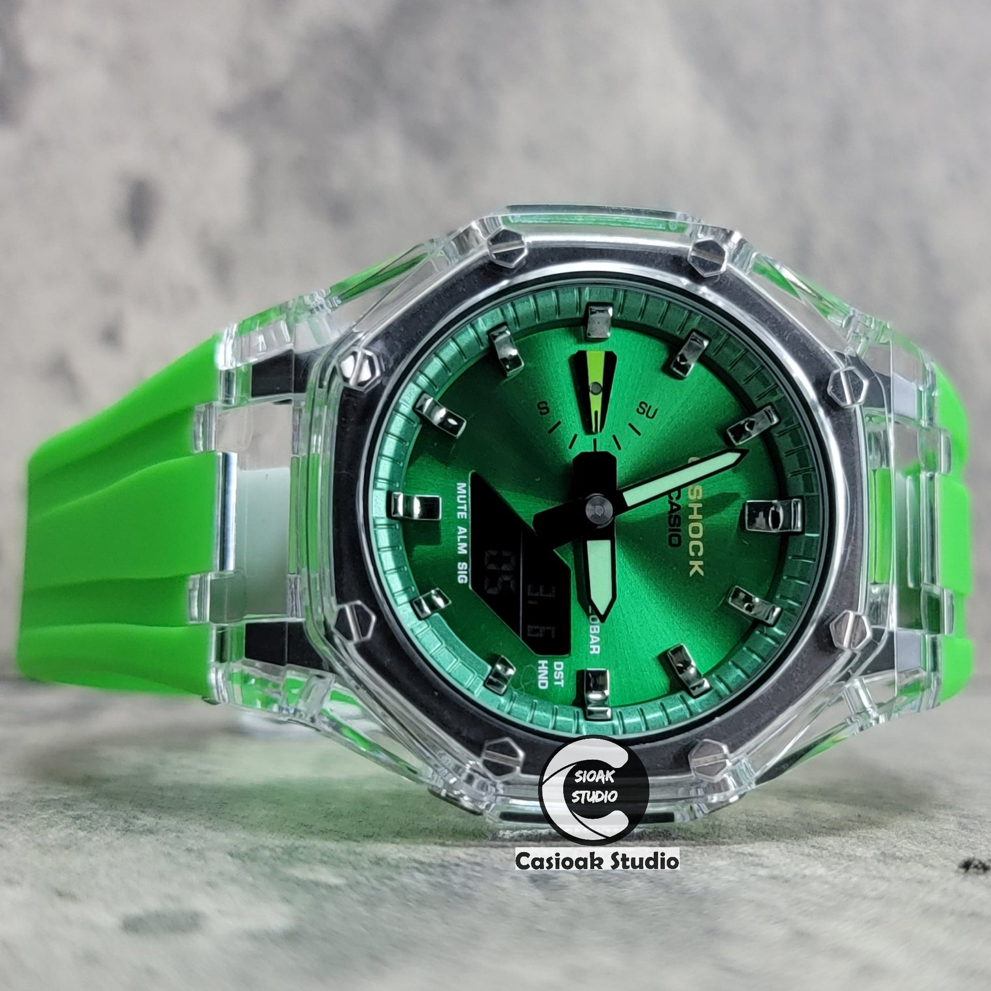 Casioak Mod Transparent Case Green Strap Green Silver Time Mark Green Dial 44mm - Casioak Studio
