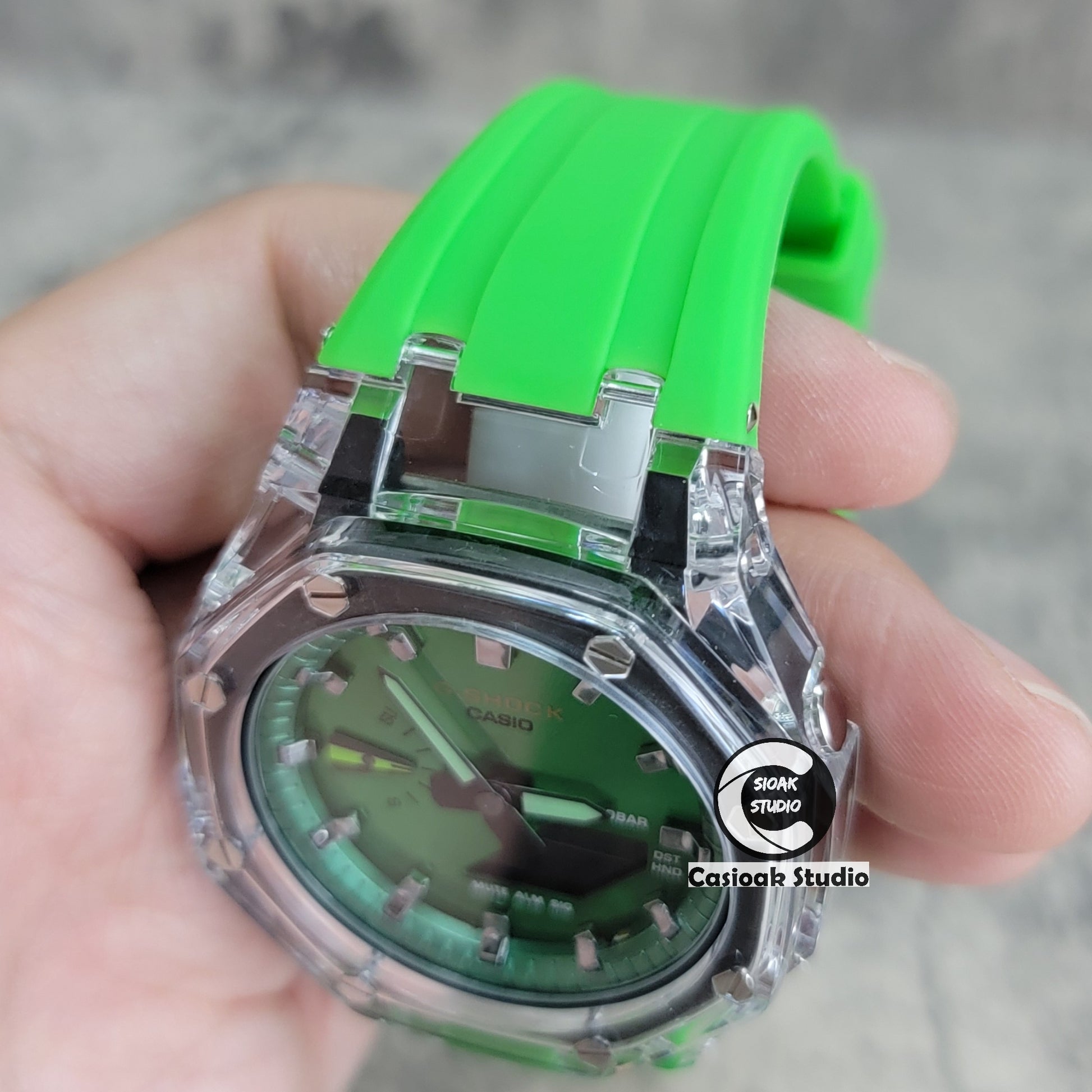 Casioak Mod Transparent Case Green Strap Green Silver Time Mark Green Dial 44mm - Casioak Studio