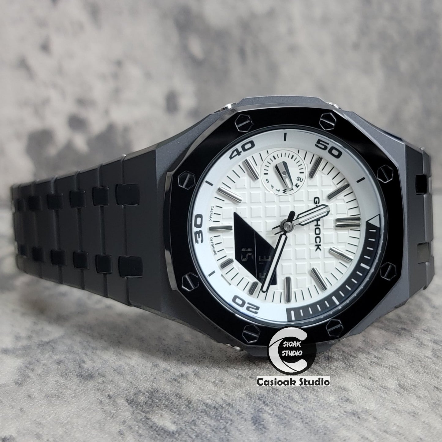 Casioak Mod Watch New Polished Gray Case Metal Strap Silver Time Mark White Dial 44mm Sapphire Glass - Casioak Studio