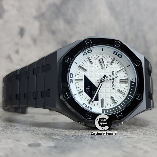 Casioak Mod Watch New Polished Gray Case Metal Strap Silver Time Mark White Dial 44mm Sapphire Glass - Casioak Studio
