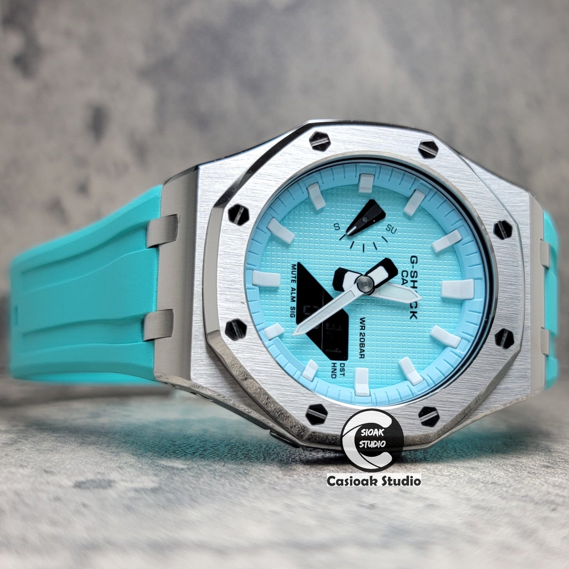 Casioak Mod Watch Offshore Superior Silver Case Black Rubber Strap Tiffany White Time Mark Tiffany Blue Dial 44mm - Casioak Studio