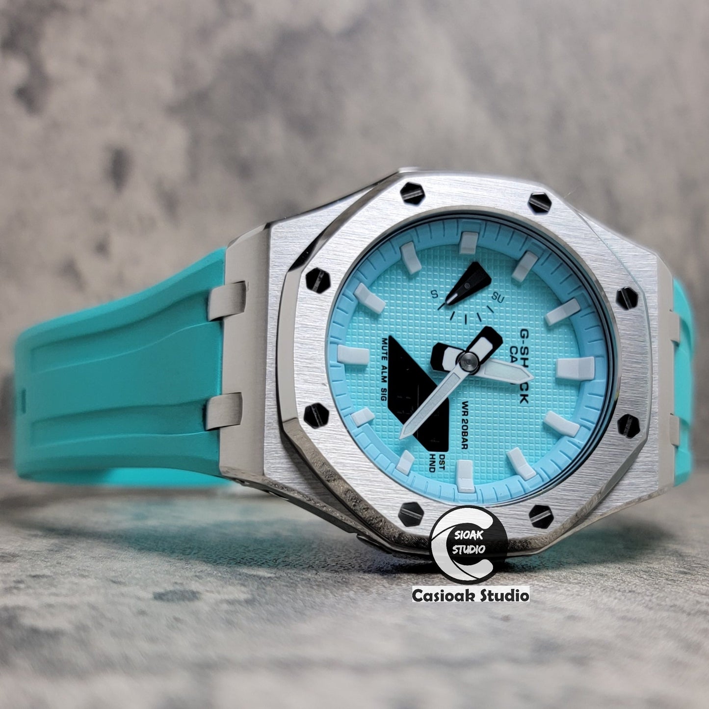 Casioak Mod Watch Offshore Superior Silver Case Black Rubber Strap Tiffany White Time Mark Tiffany Blue Dial 44mm - Casioak Studio