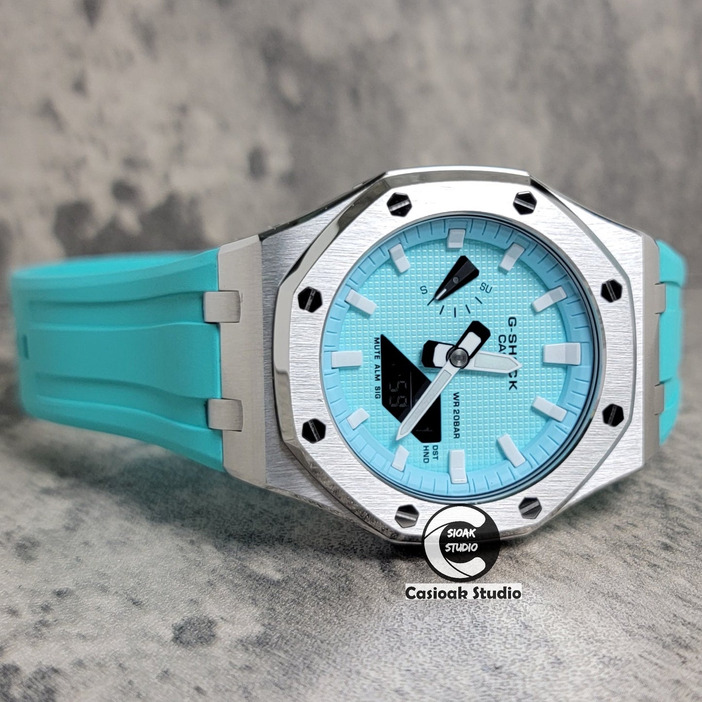 Casioak Mod Watch Offshore Superior Silver Case Black Rubber Strap Tiffany White Time Mark Tiffany Blue Dial 44mm - Casioak Studio