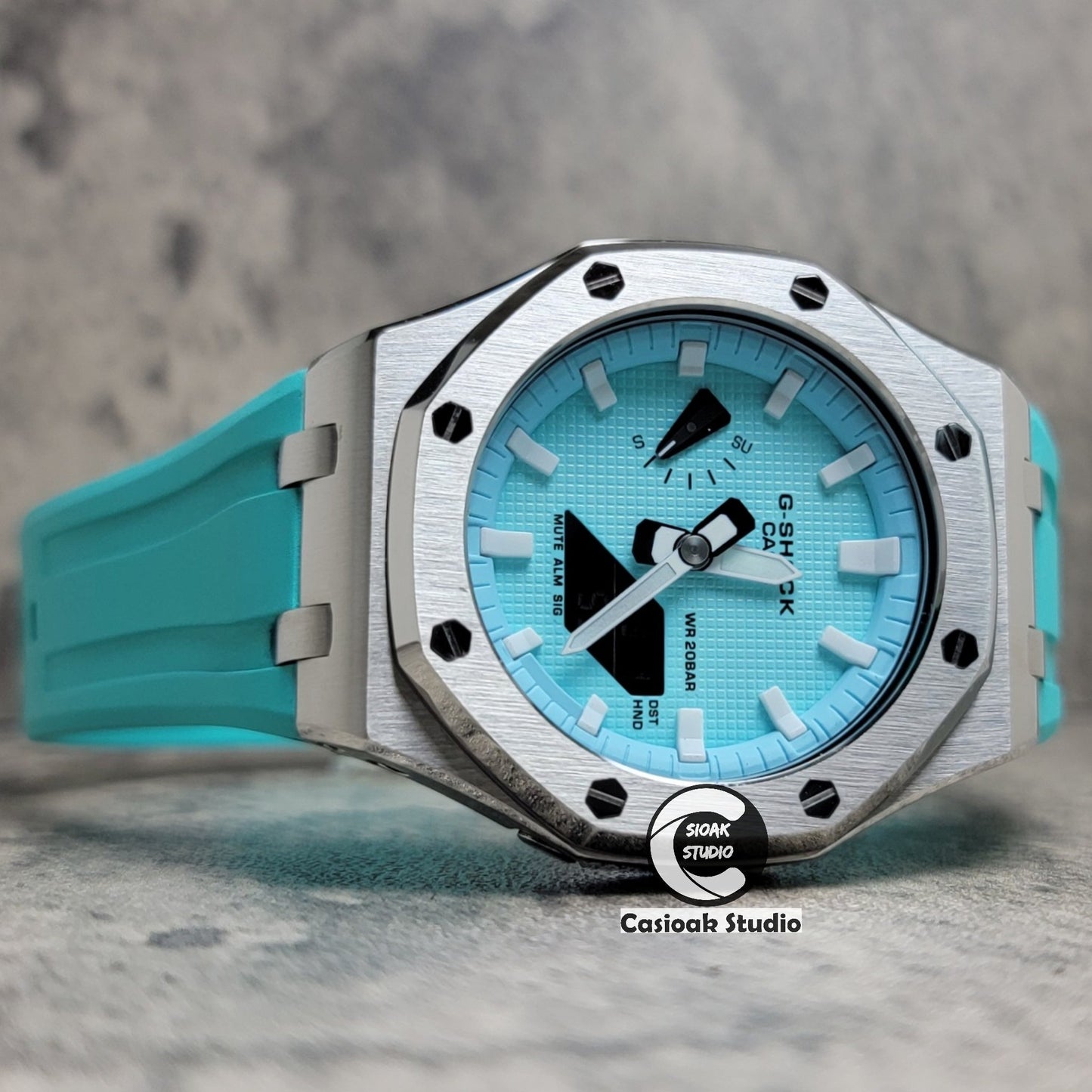 Casioak Mod Watch Offshore Superior Silver Case Black Rubber Strap Tiffany White Time Mark Tiffany Blue Dial 44mm - Casioak Studio