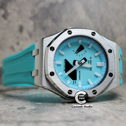 Casioak Mod Watch Offshore Superior Silver Case Black Rubber Strap Tiffany White Time Mark Tiffany Blue Dial 44mm