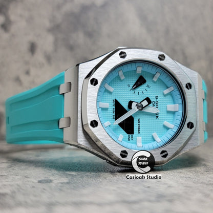 Casioak Mod Watch Offshore Superior Silver Case Black Rubber Strap Tiffany White Time Mark Tiffany Blue Dial 44mm - Casioak Studio