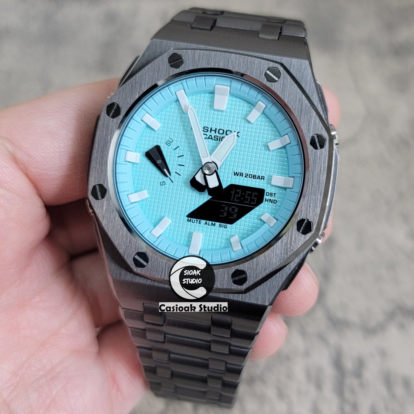 Casioak Mod Watch Offshore Superior Gray Case Metal Strap Tiffany White Time Mark Tiffany Blue Dial 44mm - Casioak Studio