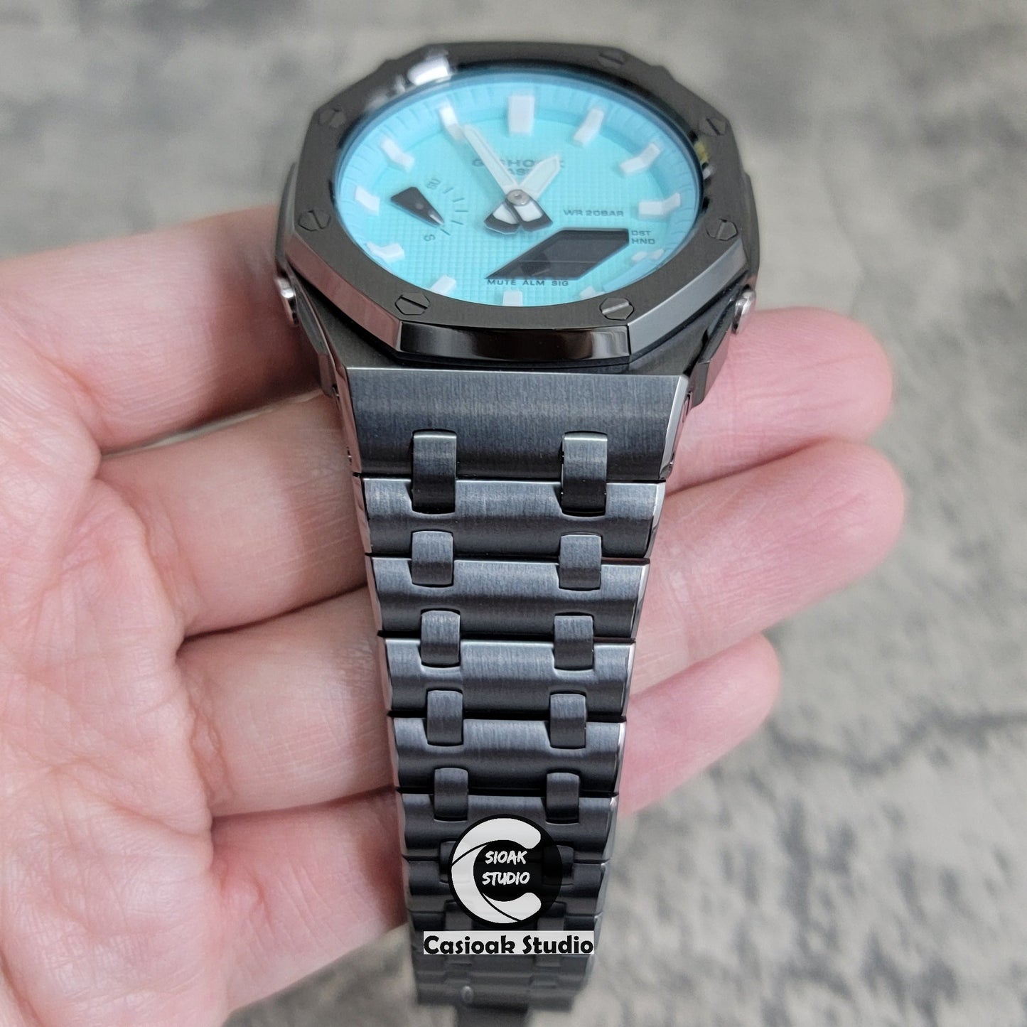 Casioak Mod Watch Offshore Superior Gray Case Metal Strap Tiffany White Time Mark Tiffany Blue Dial 44mm - Casioak Studio