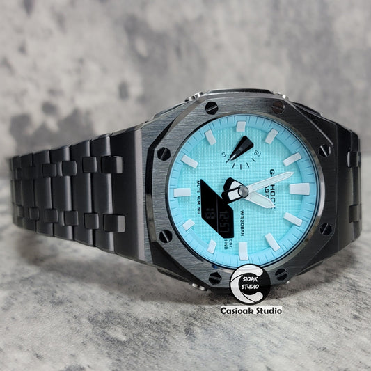 Casioak Mod Watch Offshore Superior Gray Case Metal Strap Tiffany White Time Mark Tiffany Blue Dial 44mm
