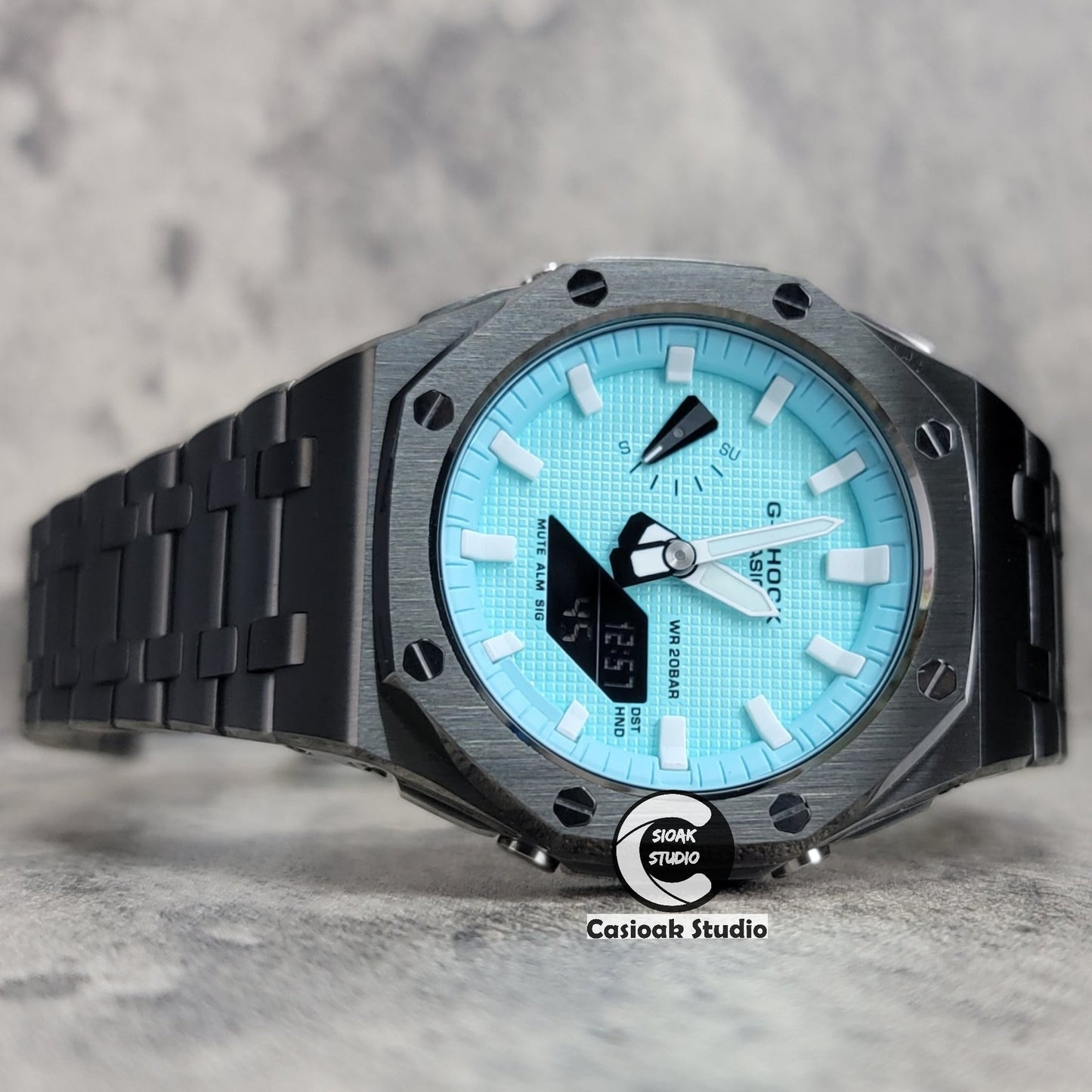 Casioak Mod Watch Offshore Superior Gray Case Metal Strap Tiffany White Time Mark Tiffany Blue Dial 44mm - Casioak Studio