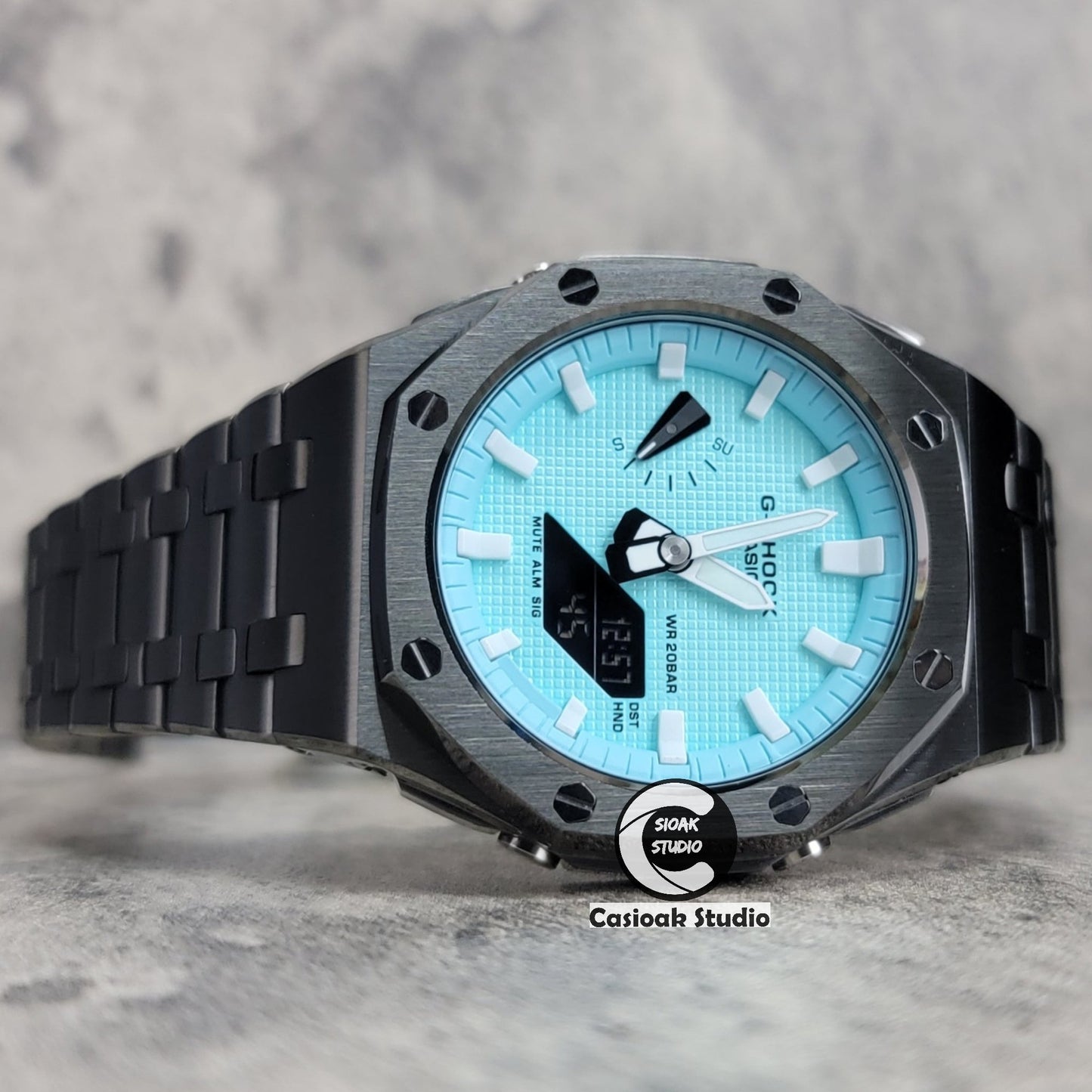 Casioak Mod Watch Offshore Superior Gray Case Metal Strap Tiffany White Time Mark Tiffany Blue Dial 44mm - Casioak Studio