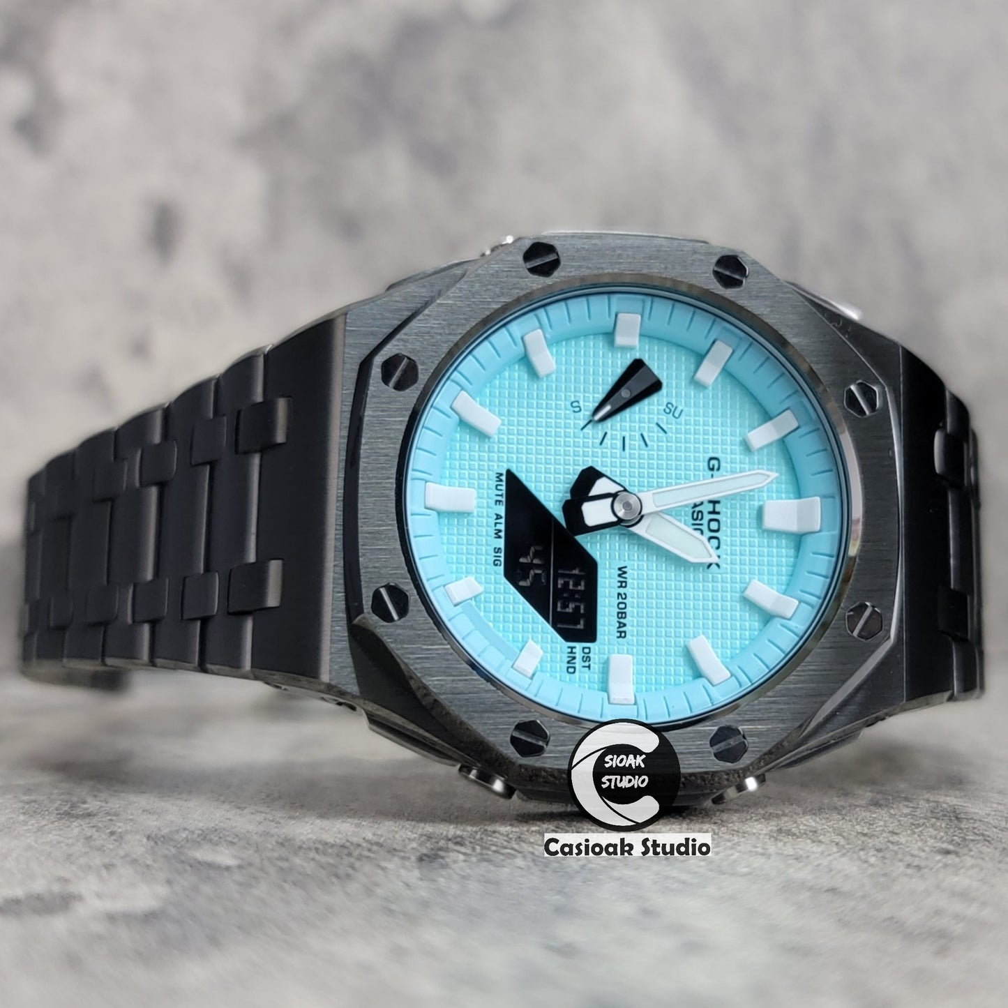 Casioak Mod Watch Offshore Superior Gray Case Metal Strap Tiffany White Time Mark Tiffany Blue Dial 44mm - Casioak Studio