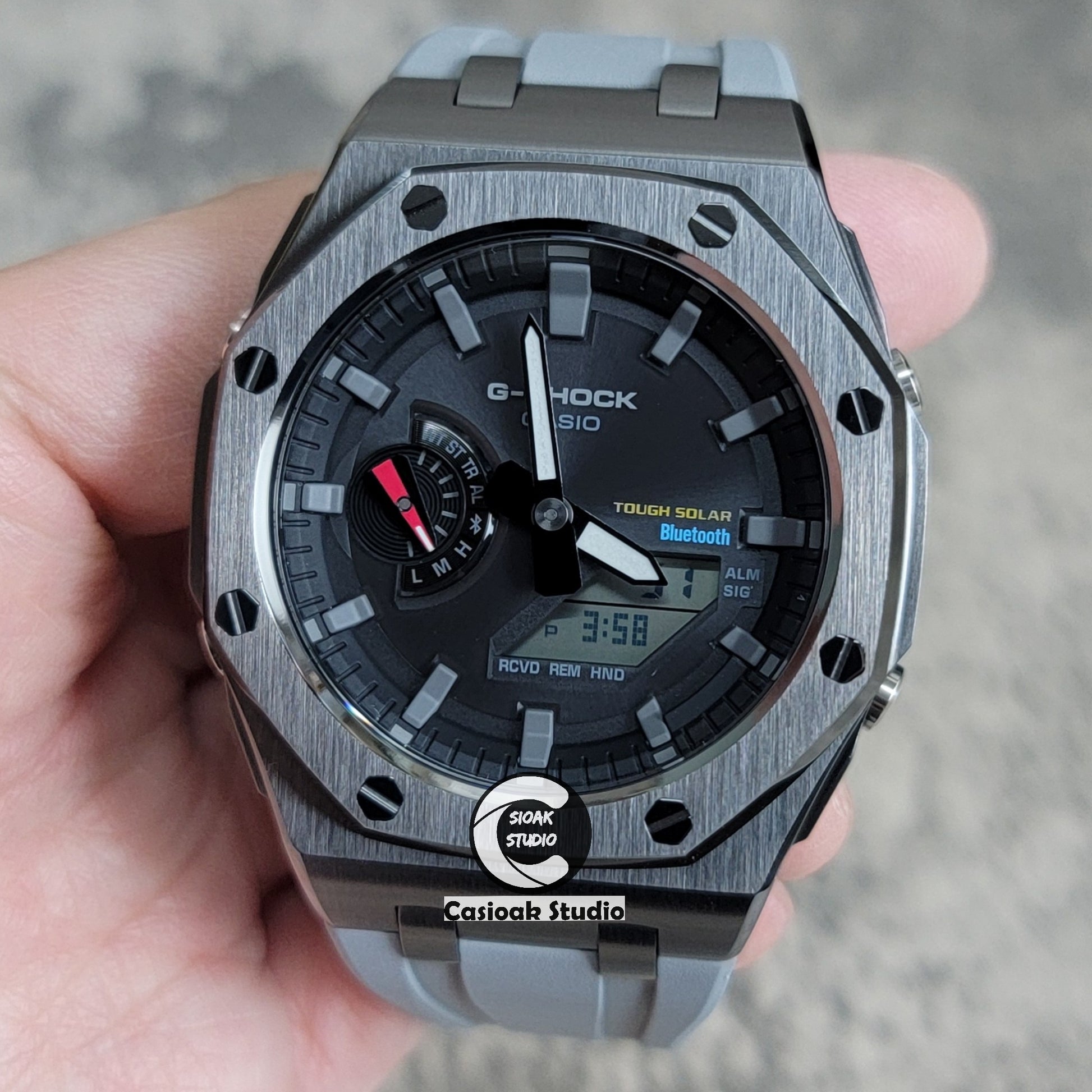 Casioak Mod Watch Solar Bluetooth Offshore Superior Case Gray Rubber Strap Black Gray Time Mark Black Dial 44mm - Casioak Studio