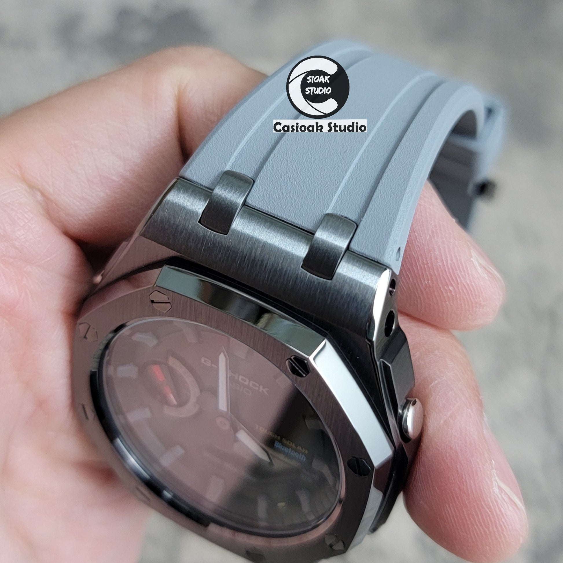 Casioak Mod Watch Solar Bluetooth Offshore Superior Case Gray Rubber Strap Black Gray Time Mark Black Dial 44mm - Casioak Studio