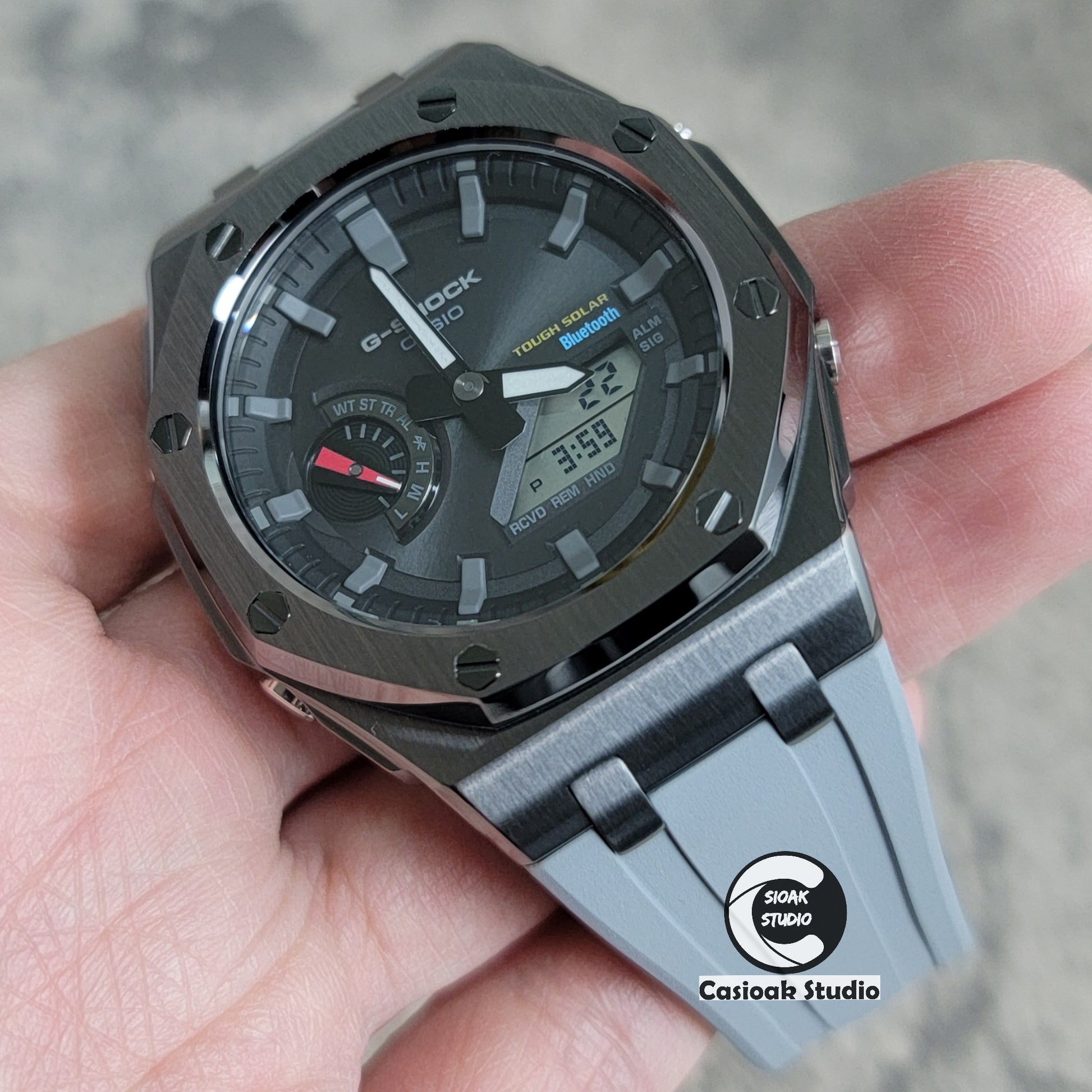 Casioak Mod Watch Solar Bluetooth Offshore Superior Case Gray Rubber Strap Black Gray Time Mark Black Dial 44mm - Casioak Studio