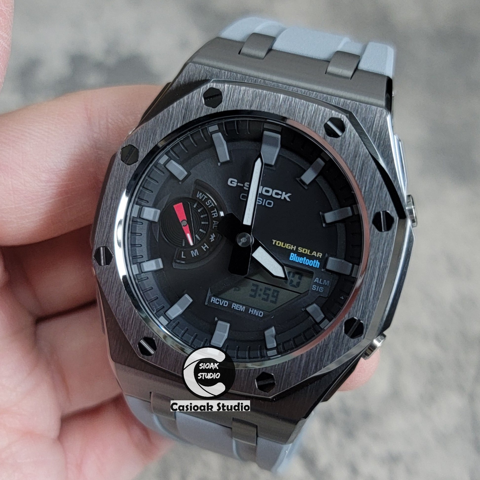 Casioak Mod Watch Solar Bluetooth Offshore Superior Case Gray Rubber Strap Black Gray Time Mark Black Dial 44mm - Casioak Studio