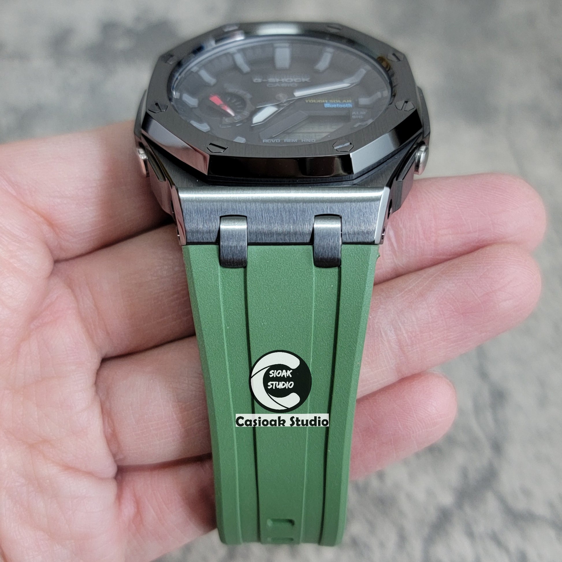 Casioak Mod Watch Solar Bluetooth Offshore Superior Case Green Rubber Strap Black Gray Time Mark Black Dial 44mm - Casioak Studio