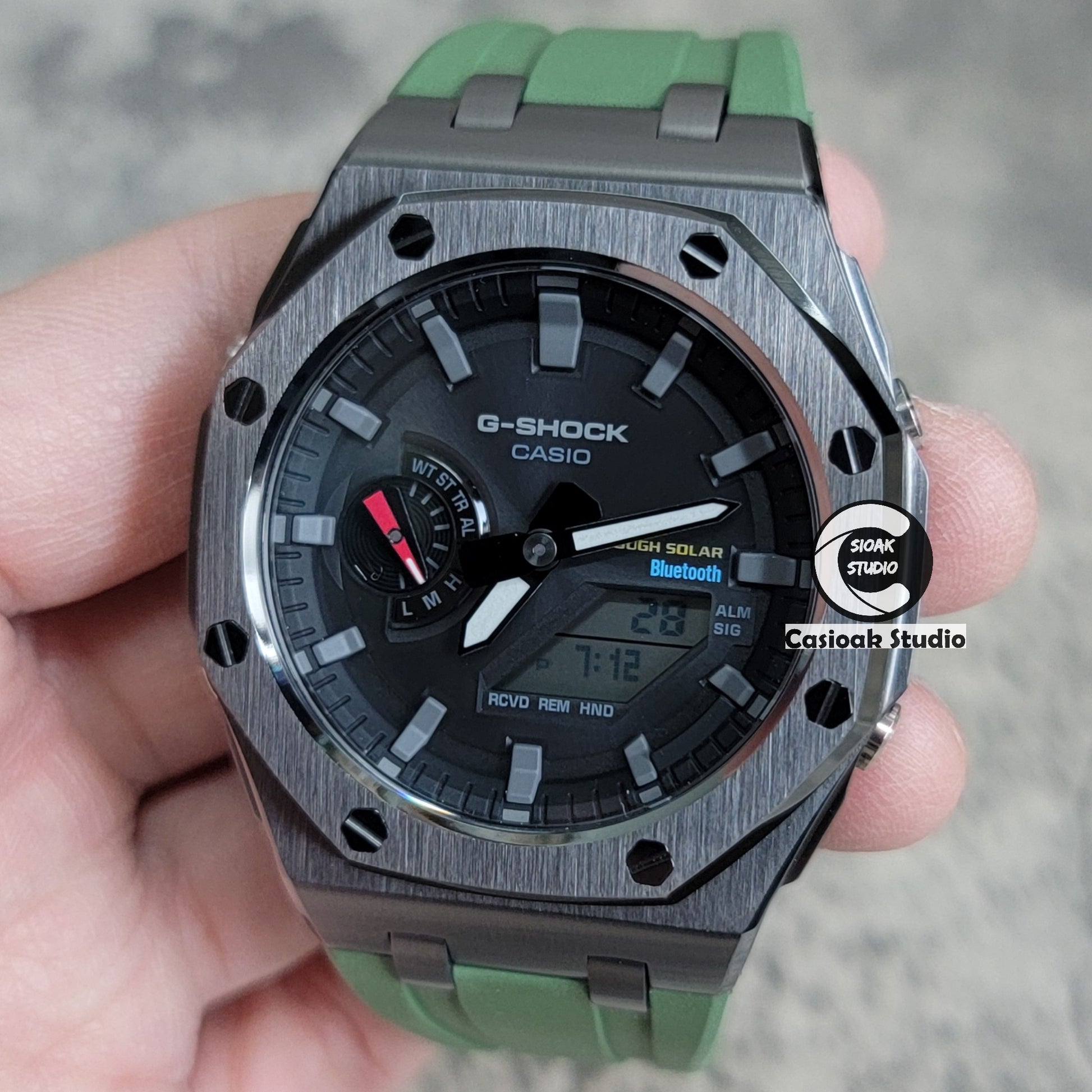 Casioak Mod Watch Solar Bluetooth Offshore Superior Case Green Rubber Strap Black Gray Time Mark Black Dial 44mm - Casioak Studio