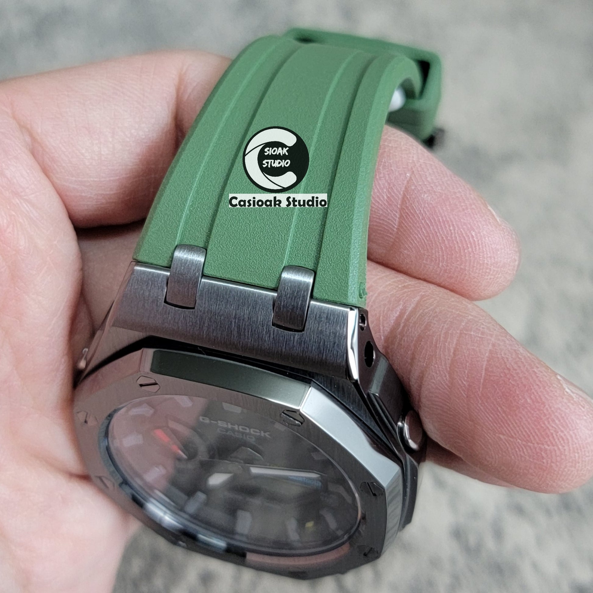 Casioak Mod Watch Solar Bluetooth Offshore Superior Case Green Rubber Strap Black Gray Time Mark Black Dial 44mm - Casioak Studio