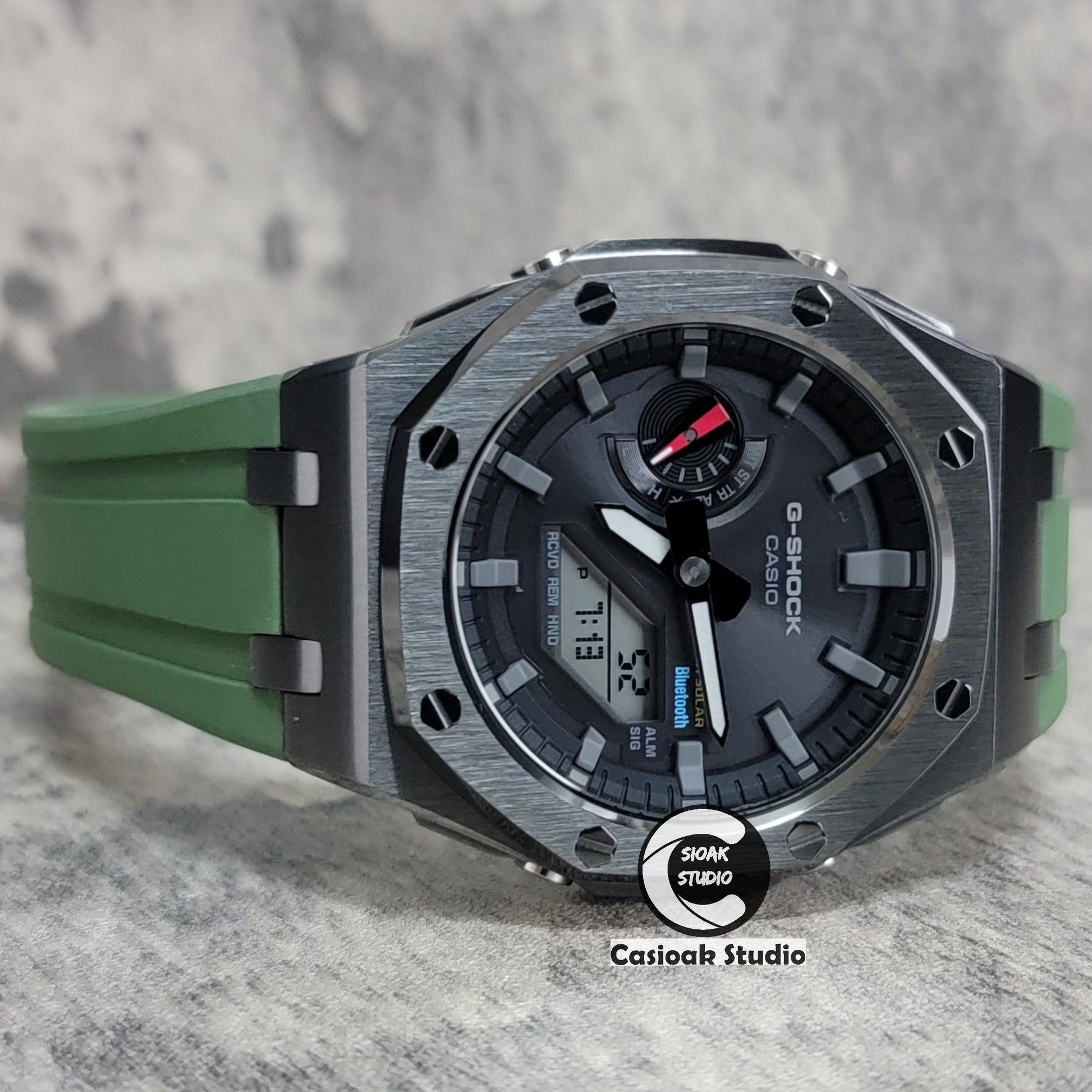 Casioak Mod Watch Solar Bluetooth Offshore Superior Case Green Rubber Strap Black Gray Time Mark Black Dial 44mm - Casioak Studio