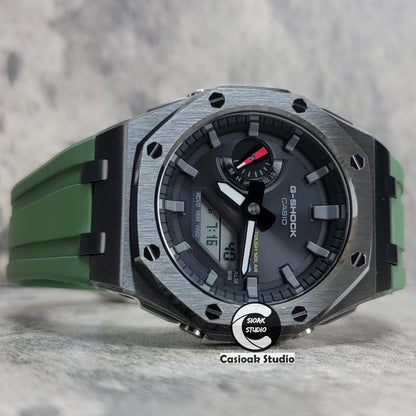 Casioak Mod Watch Solar Bluetooth Offshore Superior Case Green Rubber Strap Black Gray Time Mark Black Dial 44mm - Casioak Studio