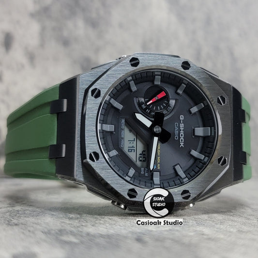 Casioak Mod Watch Solar Bluetooth Offshore Superior Case Green Rubber Strap Black Gray Time Mark Black Dial 44mm