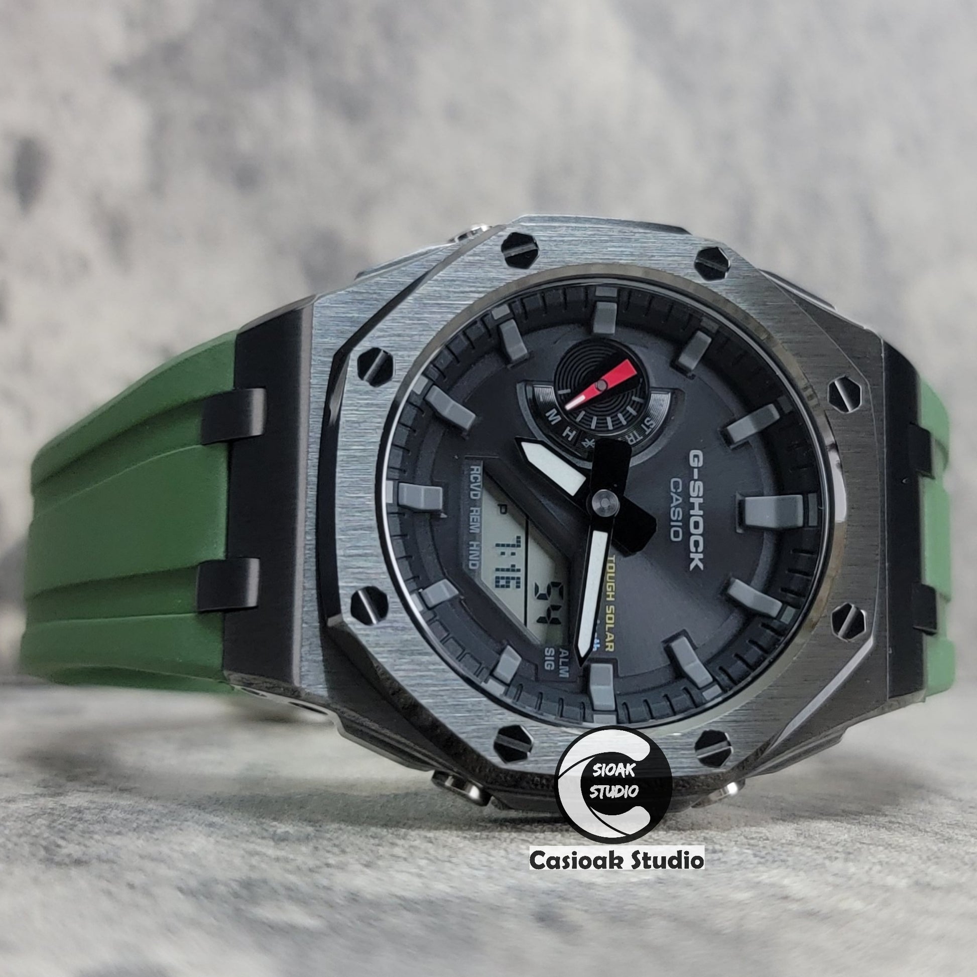 Casioak Mod Watch Solar Bluetooth Offshore Superior Case Green Rubber Strap Black Gray Time Mark Black Dial 44mm - Casioak Studio