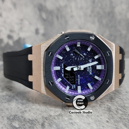 Casioak Mod Watch Black Rose Gold Case Black Rubber Strap Purple Silver Time Mark Purple Dial 44mm - Casioak Studio