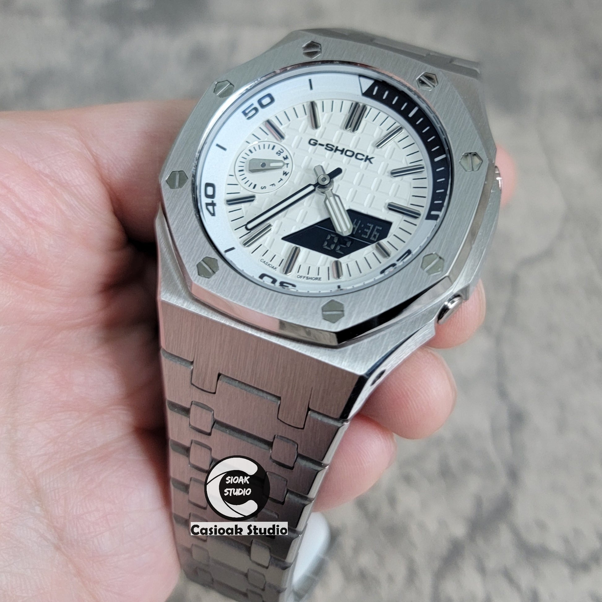 Casioak Mod Watch NEW Silver Case Metal Strap Silver Time Mark White Dial 44mm Sapphire Glass - Casioak Studio