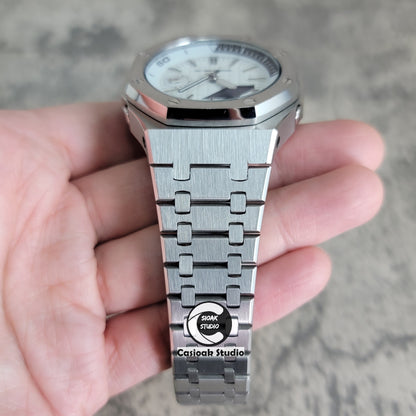 Casioak Mod Watch NEW Silver Case Metal Strap Silver Time Mark White Dial 44mm Sapphire Glass - Casioak Studio